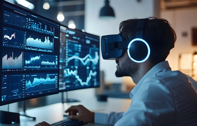 man-wearing-vr-headset-headphones-analyzing-data-multiple-monitors
